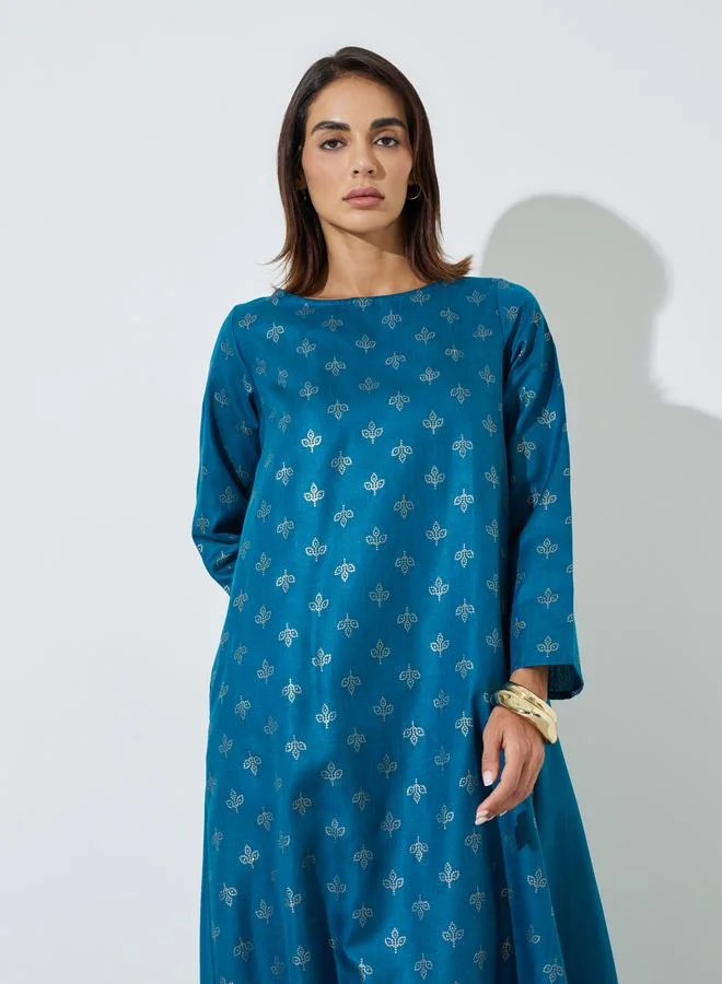 أميرة Blue Graphic Print Pocket Detail Maxi Jalabiya