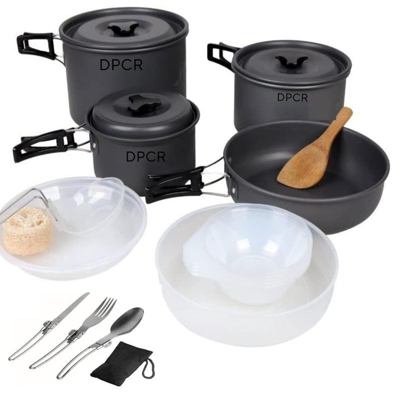 DPCR Camping Cooking Mess Kit with Spoon Set, Lightweight Hiking Portable Cookware Set with Mesh Bag, Nonstick Aluminum Cooking Kit, Pot Pan Kettle Backpacking Mess Kit with Bowls (4-5 Person) - Image 1