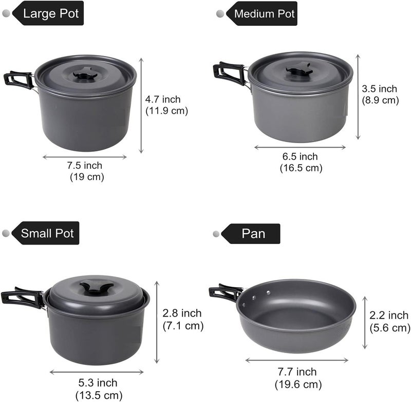 DPCR Camping Cooking Mess Kit with Spoon Set, Lightweight Hiking Portable Cookware Set with Mesh Bag, Nonstick Aluminum Cooking Kit, Pot Pan Kettle Backpacking Mess Kit with Bowls (4-5 Person) - Image 2