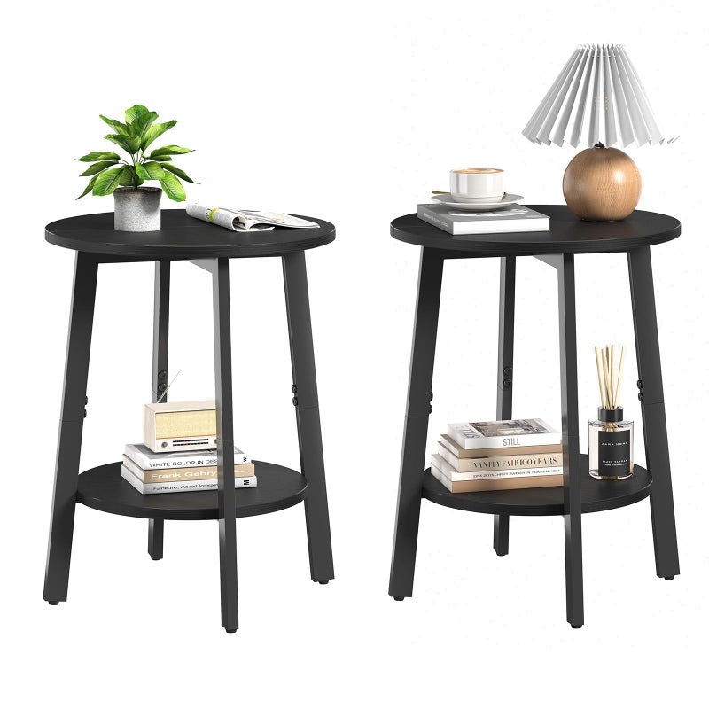sthmec Side Table Set of 2, Small Round End Table with Storage Shelf for Small Space, 2-Tier Black Bedside Table Sofa Couch Table, Nighstands Set of 2 Accent Table for Living Room, Bedroom, Black - Image 1