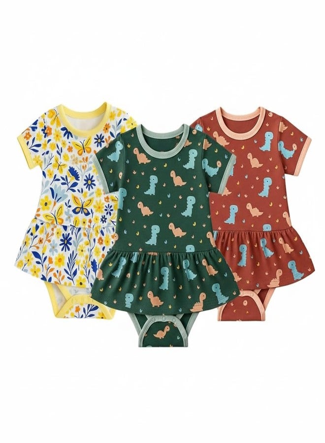 Adhigams Premium Newborn Baby Girls Cotton Romper Set Soft Breathable Lightweight Baby Wear Skin Friendly Fabric Comfortable Fit Designed for Easy Movement Pack of 3 (6-9 Month) - Image 1