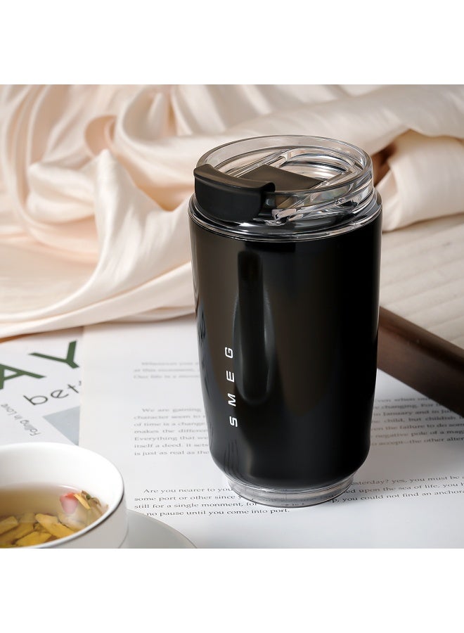 smeg كوب قهوة سفر SMEG، سعة 320 مل، كوب مشروبات مع غطاء مانع للتسرب، كوب قهوة طويل الأمد مع غطاء وقشة، ترمس قهوة سفر أسود - Image 1