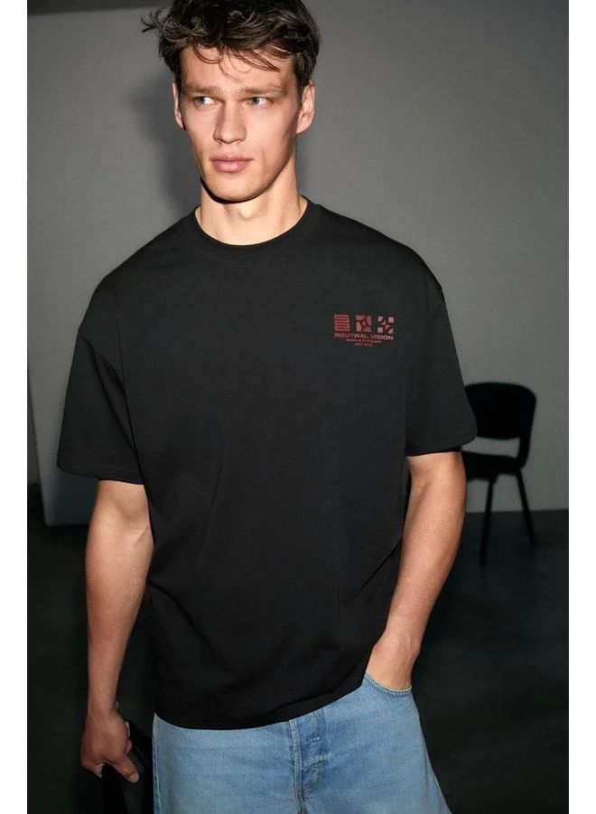 Grimelange ANTONIO Men's Print Detailed 100% Organic Cotton Knit Oversized Black T-Shirt.