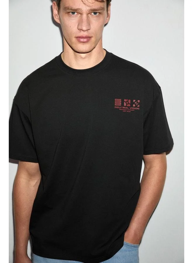 Grimelange ANTONIO Men's Print Detailed 100% Organic Cotton Knit Oversized Black T-Shirt.