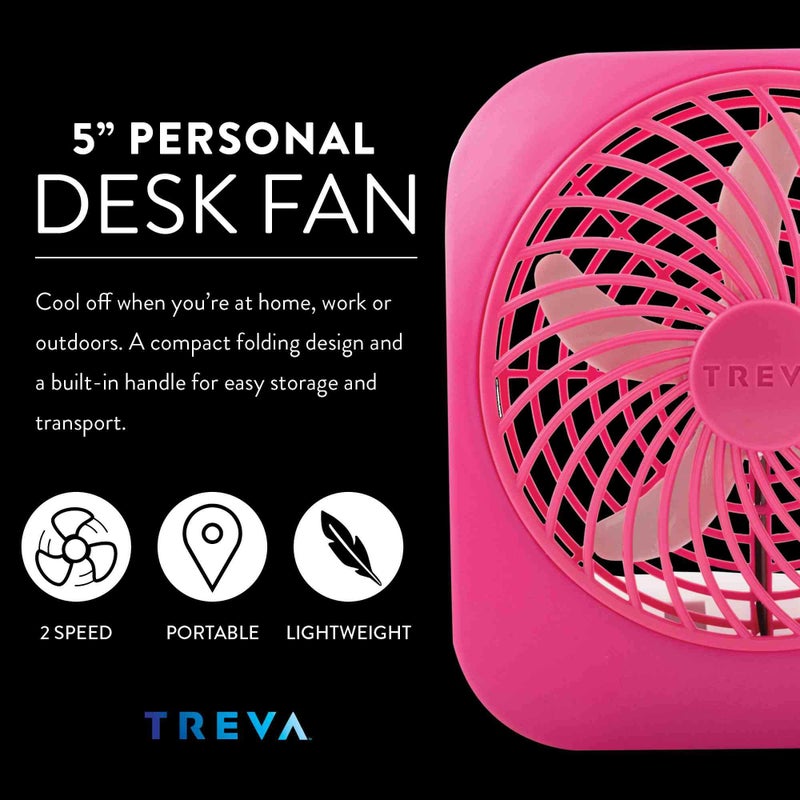O2COOL Treva 5 Inch Battery Powered Fan Portable Desk Fan 2 Cooling Speeds with Compact Folding & Tilt Design Cubicle Accessories Small Portable (Raspberry) - Image 2