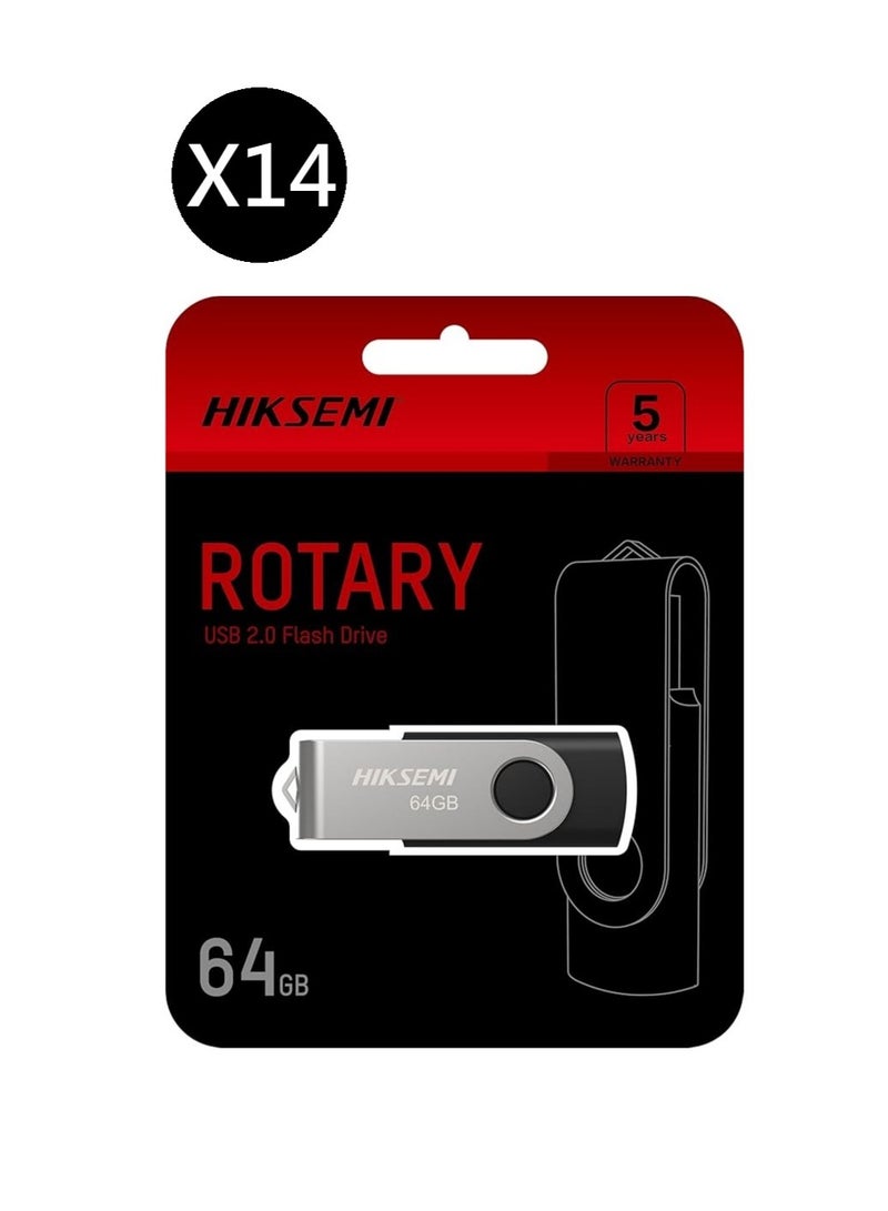 HIKSEMI Bundle Of 14 64GB USB 2.0 Spinning Pen Drive, Silver/Black | HS-USB-M200S 64G |
