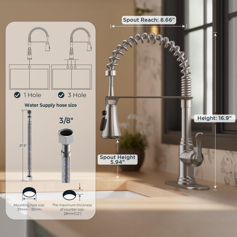 FORIOUS Rustic Kitchen Faucet with Pull Down Sprayer Brushed Nickel, 3 Modes Stainless Steel High Arc Vintage Spring Sink Faucet 1 or 3 Holes for Pot Filler, Farmhouse Camper Wet Bar - Image 3