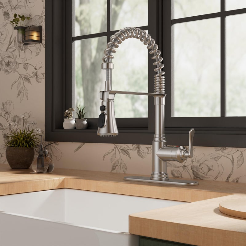 FORIOUS Rustic Kitchen Faucet with Pull Down Sprayer Brushed Nickel, 3 Modes Stainless Steel High Arc Vintage Spring Sink Faucet 1 or 3 Holes for Pot Filler, Farmhouse Camper Wet Bar - Image 2