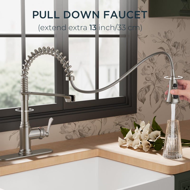 FORIOUS Rustic Kitchen Faucet with Pull Down Sprayer Brushed Nickel, 3 Modes Stainless Steel High Arc Vintage Spring Sink Faucet 1 or 3 Holes for Pot Filler, Farmhouse Camper Wet Bar - Image 4