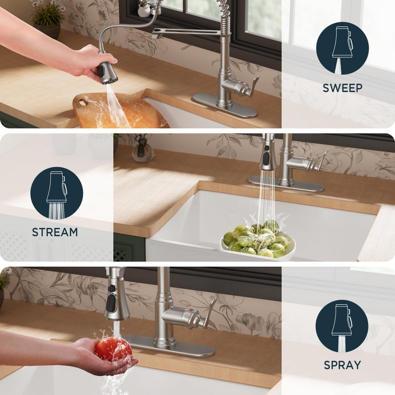 FORIOUS Rustic Kitchen Faucet with Pull Down Sprayer Brushed Nickel, 3 Modes Stainless Steel High Arc Vintage Spring Sink Faucet 1 or 3 Holes for Pot Filler, Farmhouse Camper Wet Bar - Image 5