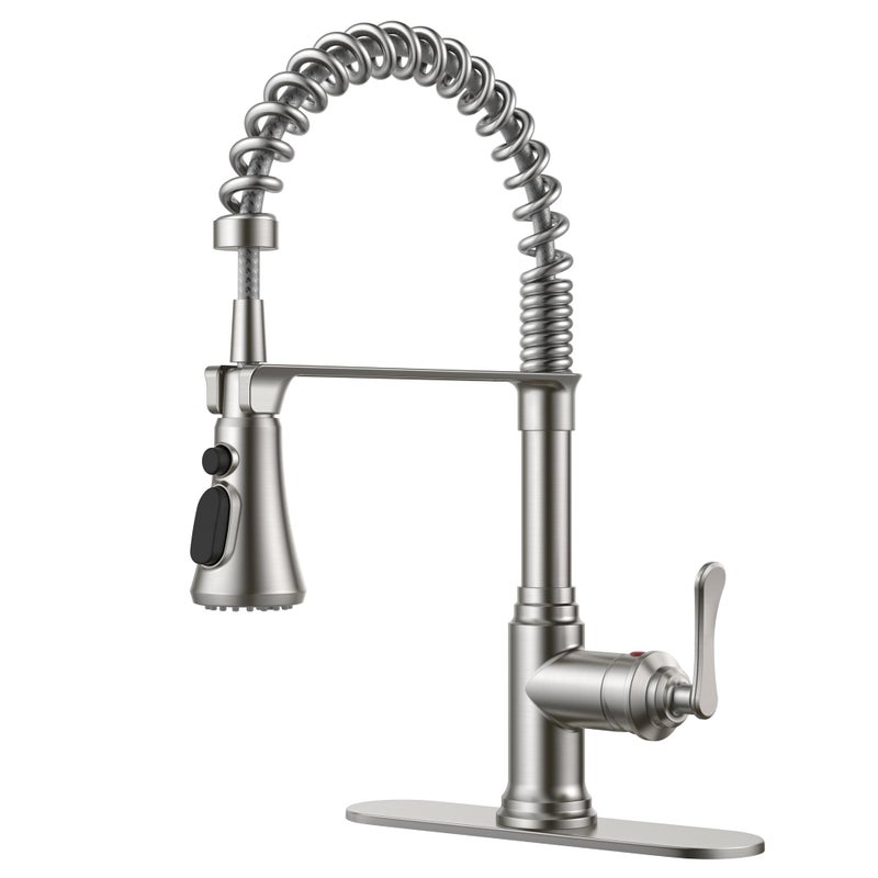 FORIOUS Rustic Kitchen Faucet with Pull Down Sprayer Brushed Nickel, 3 Modes Stainless Steel High Arc Vintage Spring Sink Faucet 1 or 3 Holes for Pot Filler, Farmhouse Camper Wet Bar - Image 1