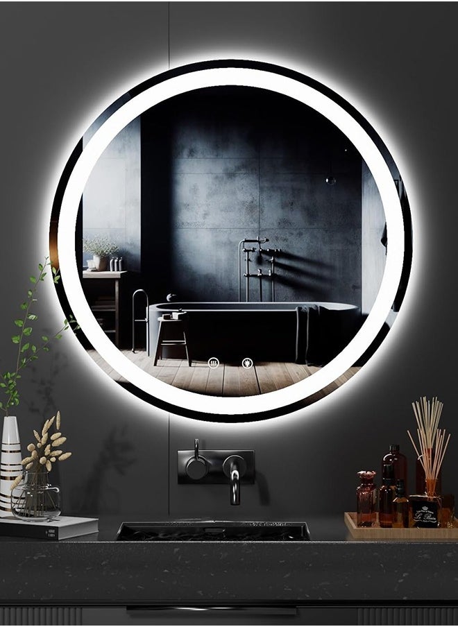 Taimi - Modern LED Round Bathroom Vanity Mirror, Color Temperature Adjustable, Easy to Install, Wall Mounted Makeup Mirror with Smart Touch Button And Black Frame Size 80x80CM - Image 1