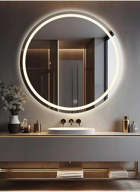 Modern LED Round Bathroom Vanity Mirror, Color Temperature Adjustable, Easy to Install, Wall Mounted Makeup Mirror with Smart Touch Button And Black Frame Size 80x80CM