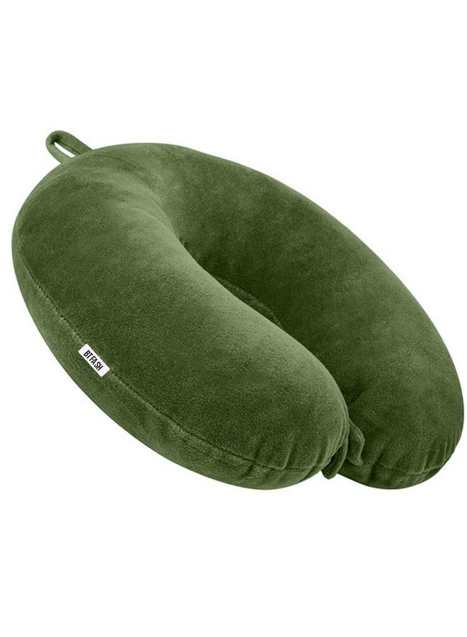 BTfash Travel Neck Pillow for Men & Women | Soft Fibre Cushion for Flight, Car & Train | Soft Velvet Fabric with Attachable Snap Strap | Cervical Support for Neck Pain Relief. Pack of 1 (Grass Green) - Image 1