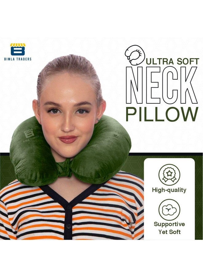 BTfash Travel Neck Pillow for Men & Women | Soft Fibre Cushion for Flight, Car & Train | Soft Velvet Fabric with Attachable Snap Strap | Cervical Support for Neck Pain Relief. Pack of 1 (Grass Green) - Image 2
