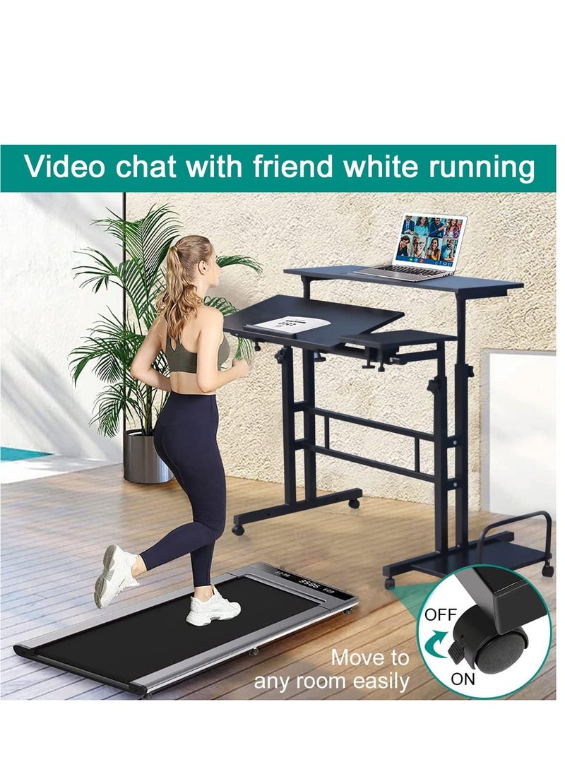 Mobile Standing Desk Height Adjustable Rolling Computer Desk with Lockable Wheels & 3 Desktops Side Storage, Portable Mobile Workstation Stand Up Laptop Desk Cart for Home Office Classroom (Black)