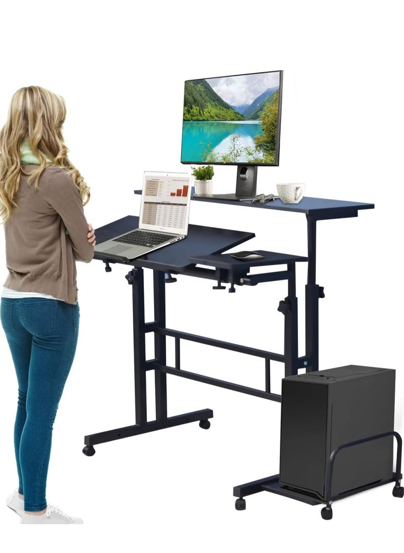 Mobile Standing Desk Height Adjustable Rolling Computer Desk with Lockable Wheels & 3 Desktops Side Storage, Portable Mobile Workstation Stand Up Laptop Desk Cart for Home Office Classroom (Black)