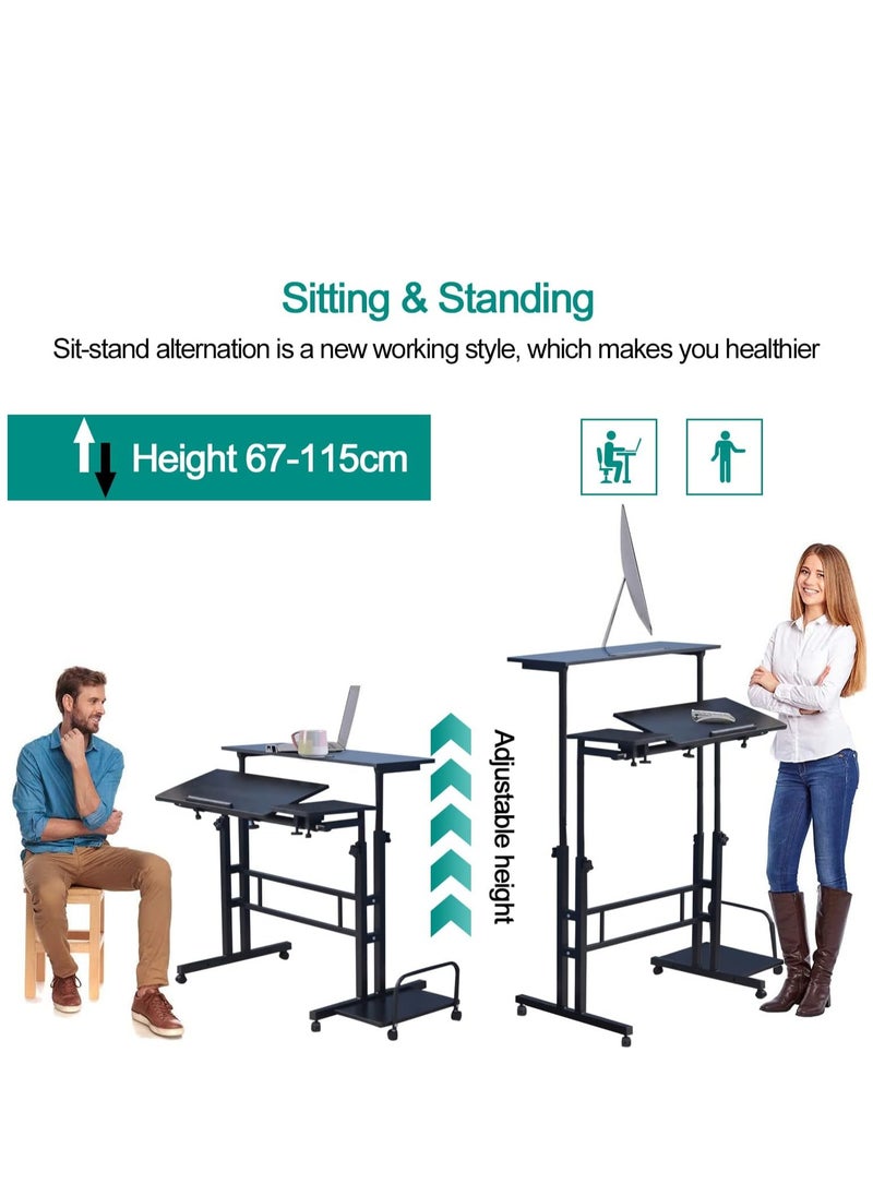 Mobile Standing Desk Height Adjustable Rolling Computer Desk with Lockable Wheels & 3 Desktops Side Storage, Portable Mobile Workstation Stand Up Laptop Desk Cart for Home Office Classroom (Black)