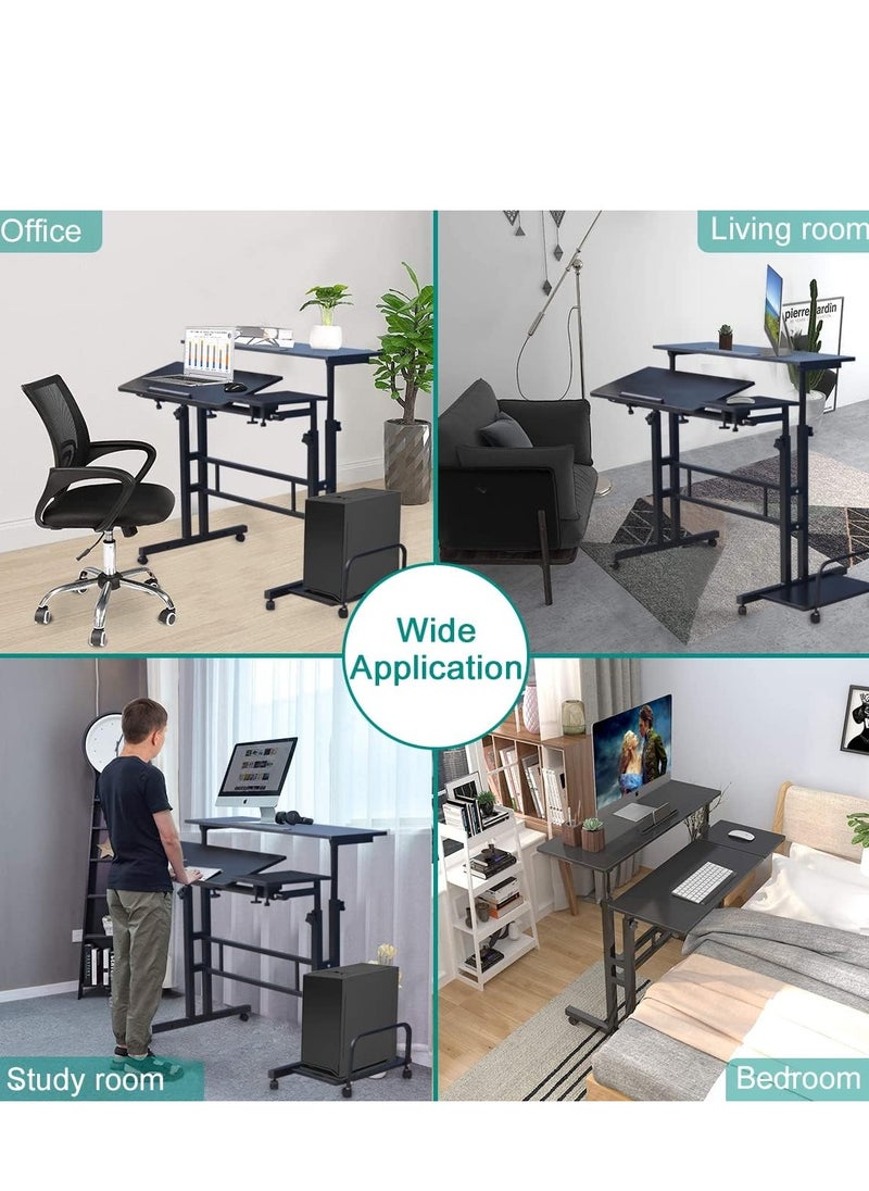 Mobile Standing Desk Height Adjustable Rolling Computer Desk with Lockable Wheels & 3 Desktops Side Storage, Portable Mobile Workstation Stand Up Laptop Desk Cart for Home Office Classroom (Black)