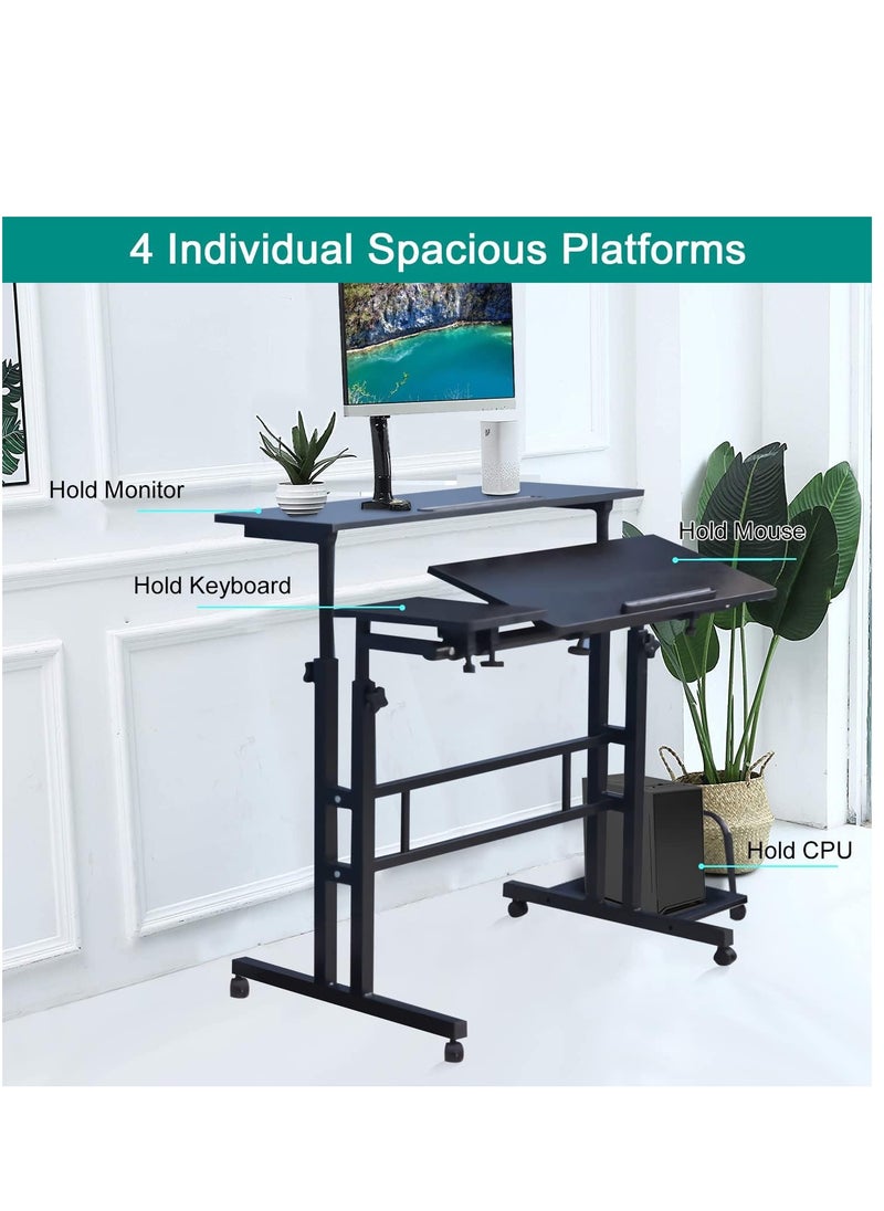 Mobile Standing Desk Height Adjustable Rolling Computer Desk with Lockable Wheels & 3 Desktops Side Storage, Portable Mobile Workstation Stand Up Laptop Desk Cart for Home Office Classroom (Black)