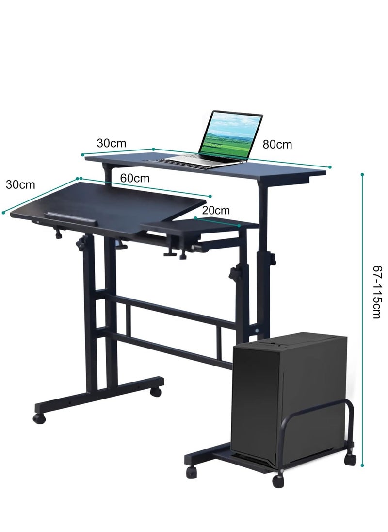Mobile Standing Desk Height Adjustable Rolling Computer Desk with Lockable Wheels & 3 Desktops Side Storage, Portable Mobile Workstation Stand Up Laptop Desk Cart for Home Office Classroom (Black)