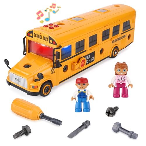 Crelloci Take Apart School Bus Toy Large DIY Assembly Vehicle with Screwdriver Handle 3 Bits Lights Sounds Inertia Powered Openable Doors Includes 2 Student Figures Gift for Kids Ages 3 - Image 1