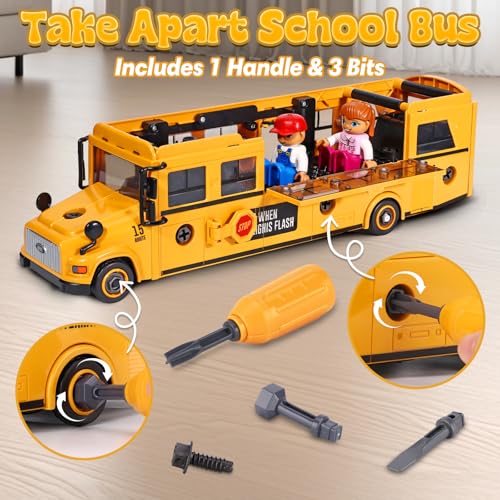 Crelloci Take Apart School Bus Toy Large DIY Assembly Vehicle with Screwdriver Handle 3 Bits Lights Sounds Inertia Powered Openable Doors Includes 2 Student Figures Gift for Kids Ages 3 - Image 5