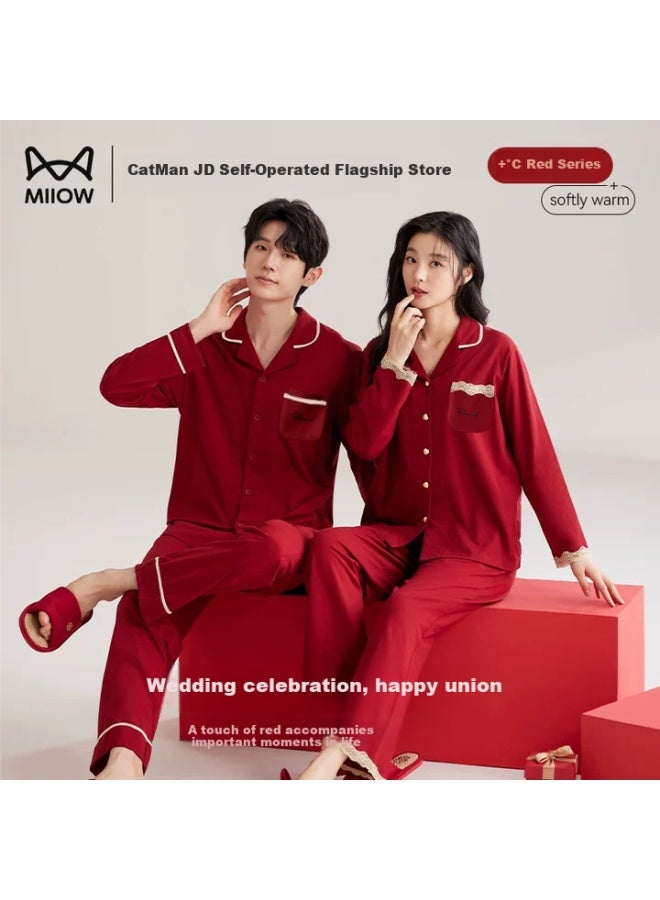 Miiow Couple's Pajamas For Women, Spring And Autumn Style, Long Sleeve [pure Cotton], Red, Newlywed Wedding, Men's Home Wear Set, Zodiac Year - Image 1