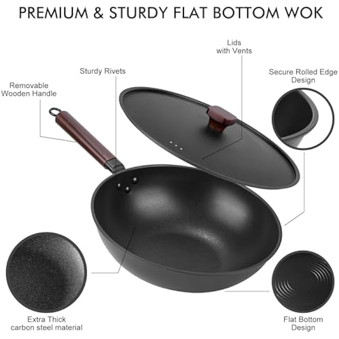 YelaJoy Carbon Steel Wok13 Inches With Lid Spatula And Brush Japanese Flat Pan Suitable For Induction Electric Gas All StovesWoks  StirFry Pans Nonstick - Image 5