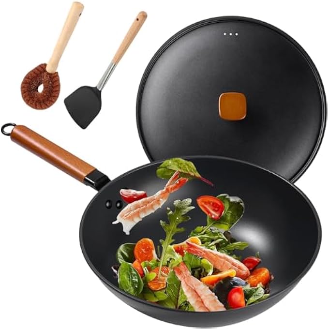YelaJoy Carbon Steel Wok13 Inches With Lid Spatula And Brush Japanese Flat Pan Suitable For Induction Electric Gas All StovesWoks  StirFry Pans Nonstick - Image 2