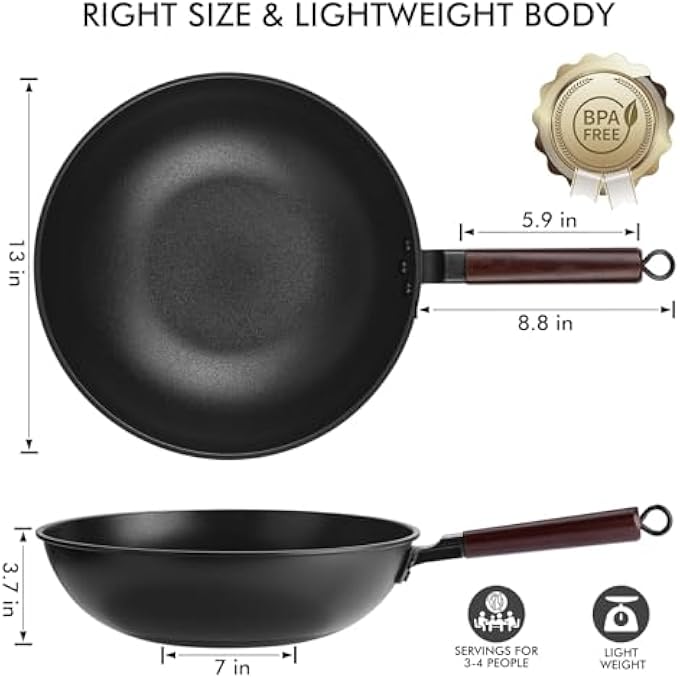 YelaJoy Carbon Steel Wok13 Inches With Lid Spatula And Brush Japanese Flat Pan Suitable For Induction Electric Gas All StovesWoks  StirFry Pans Nonstick - Image 3