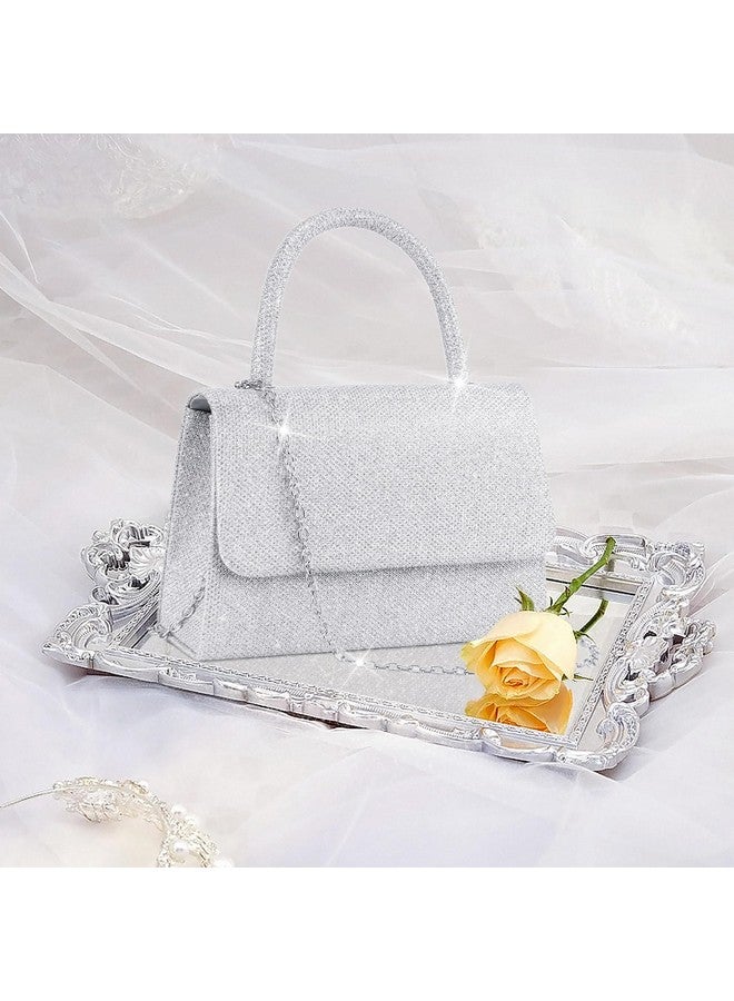 Larcenciel Larcenciel Women's Evening Handbags, Glitter Top Handle Evening Purse w/Chain, Silver Ladies Sequins Shoulder Crossbody Bag, Chic Guest Clutch for Party Prom Wedding Cocktail Club Dating,7.9x2.2x5.3in - Image 1