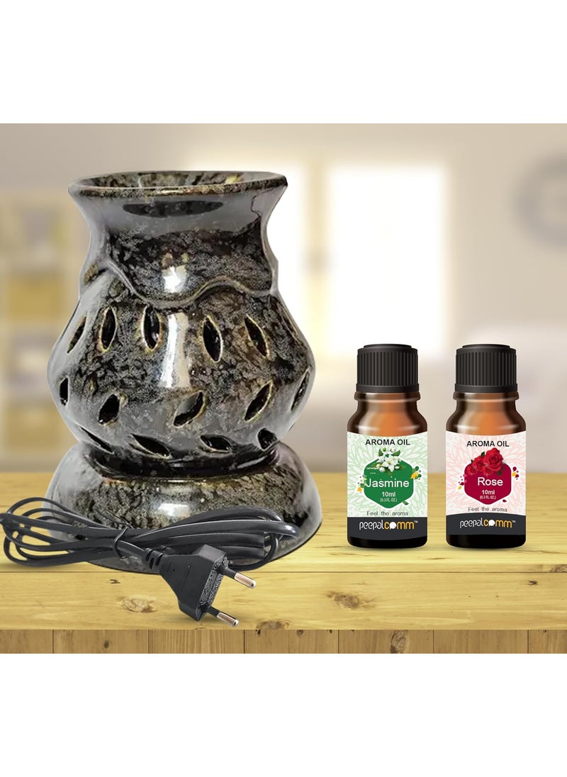 PeepalComm Home Scented Electric Lamp Ceramic Aroma Oil Burner Diffuser with Jasmine Rose Fragrance Oils Electric Oil Burner 10ml Each Black  - Image 1