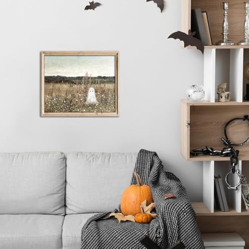 Kizbok Cute Ghost Decor, Vintage Halloween Ghost Wall Art Prints, Spooky ghosts on a Flower Meadow Landscape Canvas Painting, Moody halloween Pictures Wall Decor, Farmhouse Fall H alloween Poster for Bedroom Gallery Bathroom - UNFRAMED - Image 4