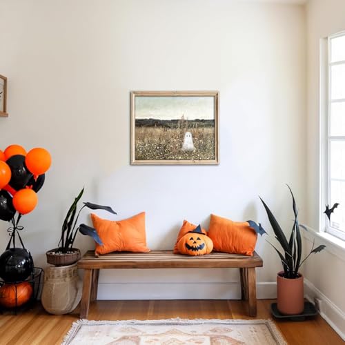 Kizbok Cute Ghost Decor, Vintage Halloween Ghost Wall Art Prints, Spooky ghosts on a Flower Meadow Landscape Canvas Painting, Moody halloween Pictures Wall Decor, Farmhouse Fall H alloween Poster for Bedroom Gallery Bathroom - UNFRAMED - Image 2