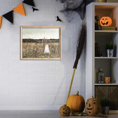 Kizbok Cute Ghost Decor, Vintage Halloween Ghost Wall Art Prints, Spooky ghosts on a Flower Meadow Landscape Canvas Painting, Moody halloween Pictures Wall Decor, Farmhouse Fall H alloween Poster for Bedroom Gallery Bathroom - UNFRAMED - Image 3