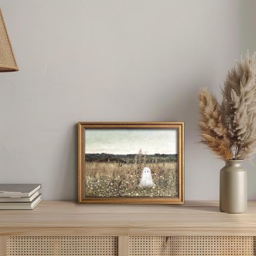 Kizbok Cute Ghost Decor, Vintage Halloween Ghost Wall Art Prints, Spooky ghosts on a Flower Meadow Landscape Canvas Painting, Moody halloween Pictures Wall Decor, Farmhouse Fall H alloween Poster for Bedroom Gallery Bathroom - UNFRAMED - Image 5