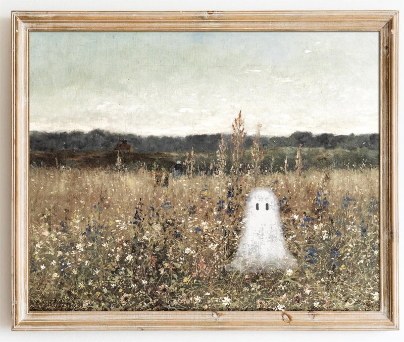 Kizbok Cute Ghost Decor, Vintage Halloween Ghost Wall Art Prints, Spooky ghosts on a Flower Meadow Landscape Canvas Painting, Moody halloween Pictures Wall Decor, Farmhouse Fall H alloween Poster for Bedroom Gallery Bathroom - UNFRAMED - Image 1