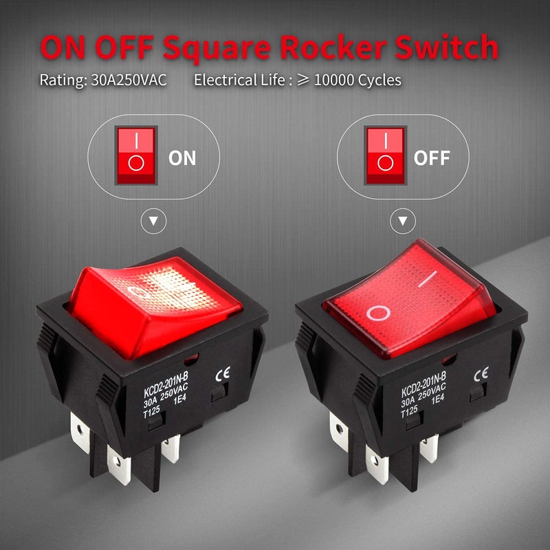 DaierTek 30A 250V KCD2 KCD4 Rocker Switch DPST 4 Pin Red Lighted 120V Rocker Toggle Switch ON Off Heavy Duty T125-3Pack - Image 2