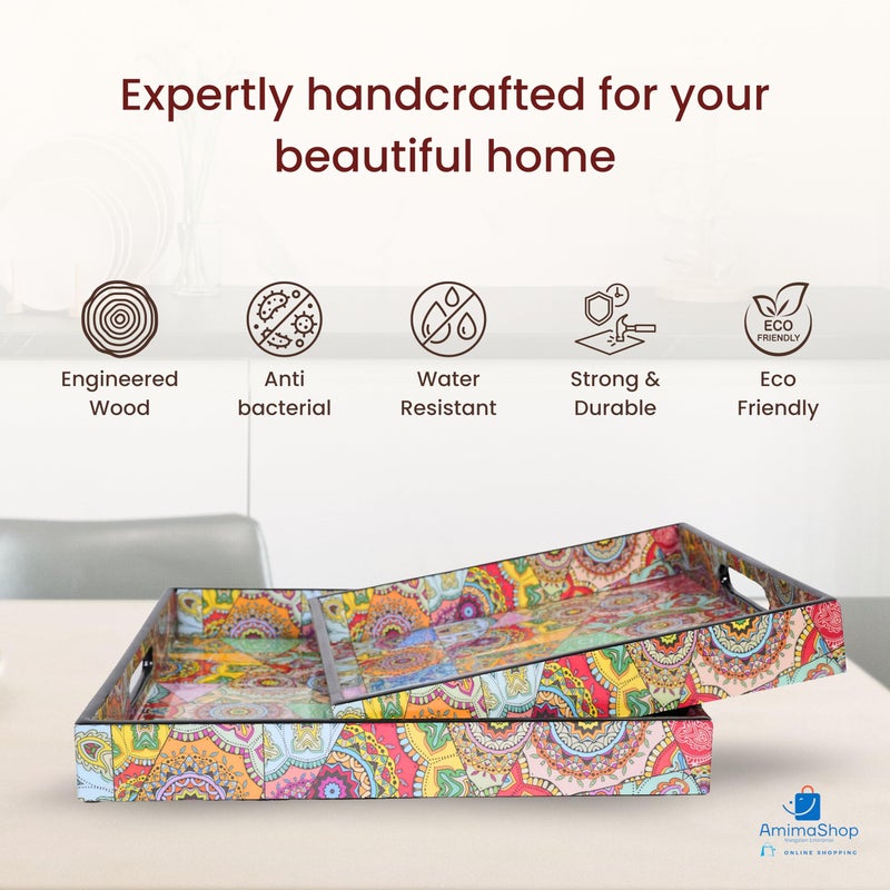 Amimashop Wooden Serving Trays Set of 2| Multi-Color Floral Design Square Trays with Handles for Serving & Decoration | Sizes 12"x12"x2.5" & 10"x10"x1.5" - Image 5