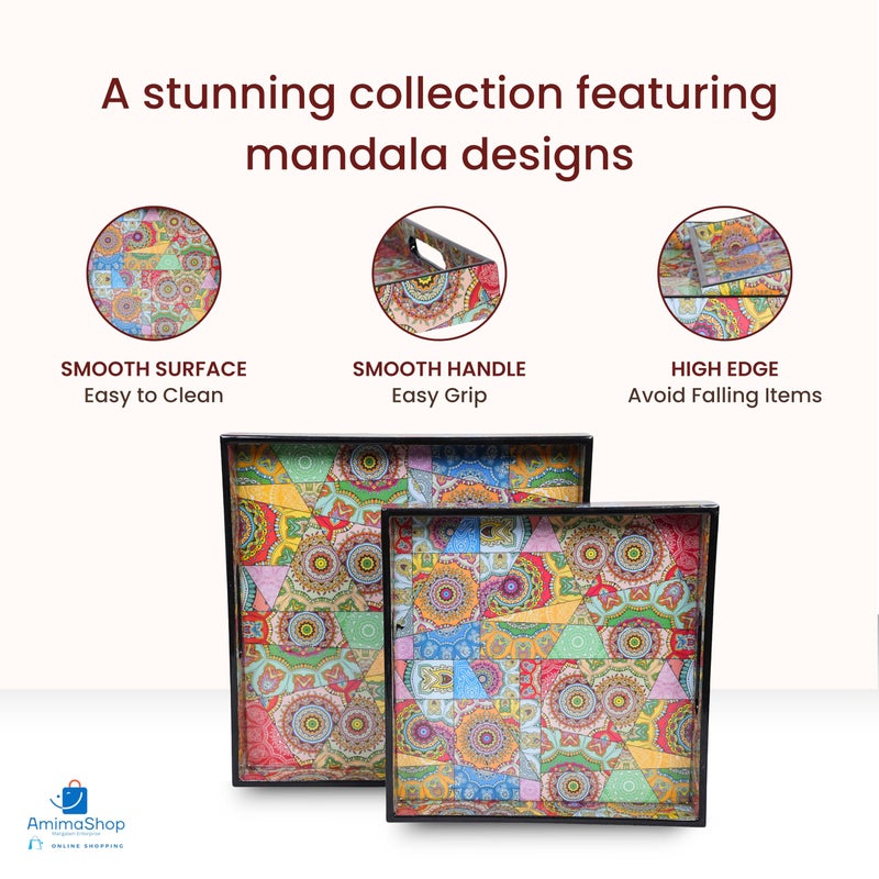 Amimashop Wooden Serving Trays Set of 2| Multi-Color Floral Design Square Trays with Handles for Serving & Decoration | Sizes 12"x12"x2.5" & 10"x10"x1.5" - Image 4