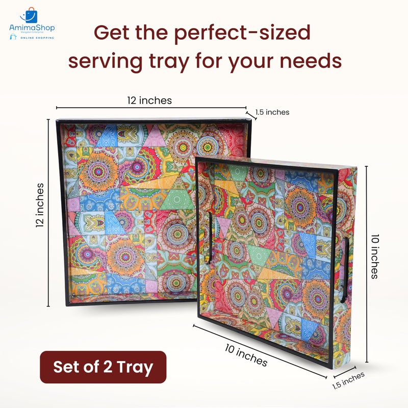 Amimashop Wooden Serving Trays Set of 2| Multi-Color Floral Design Square Trays with Handles for Serving & Decoration | Sizes 12"x12"x2.5" & 10"x10"x1.5" - Image 3