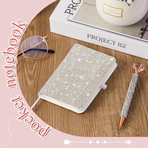 Resholder Rhinestone Notebook Pen Sets Glitter Pocket Notebook Crystal Pens Mini Diamond Journal Hardcover Bling Diary Office Desk Accessories for Women Birthday Gift(Rhinestone,A6,Silver) - Image 5