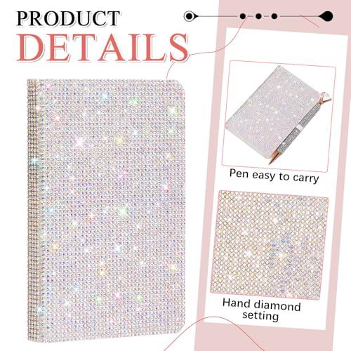 Resholder Rhinestone Notebook Pen Sets Glitter Pocket Notebook Crystal Pens Mini Diamond Journal Hardcover Bling Diary Office Desk Accessories for Women Birthday Gift(Rhinestone,A6,Silver) - Image 3