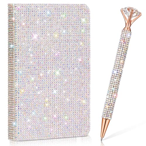 Resholder Rhinestone Notebook Pen Sets Glitter Pocket Notebook Crystal Pens Mini Diamond Journal Hardcover Bling Diary Office Desk Accessories for Women Birthday Gift(Rhinestone,A6,Silver) - Image 1