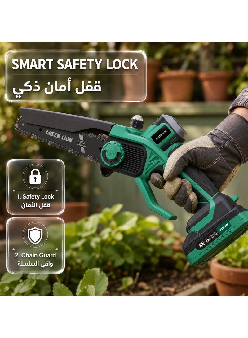 GREEN LION Cordless Electric Chainsaw, 1100W High-Power Brushless Motor, 8 M/S Chain Speed, 20V 2.0Ah Battery, Protective Chain Guard, Safety Switch, LI-ION Battery Included - Image 2