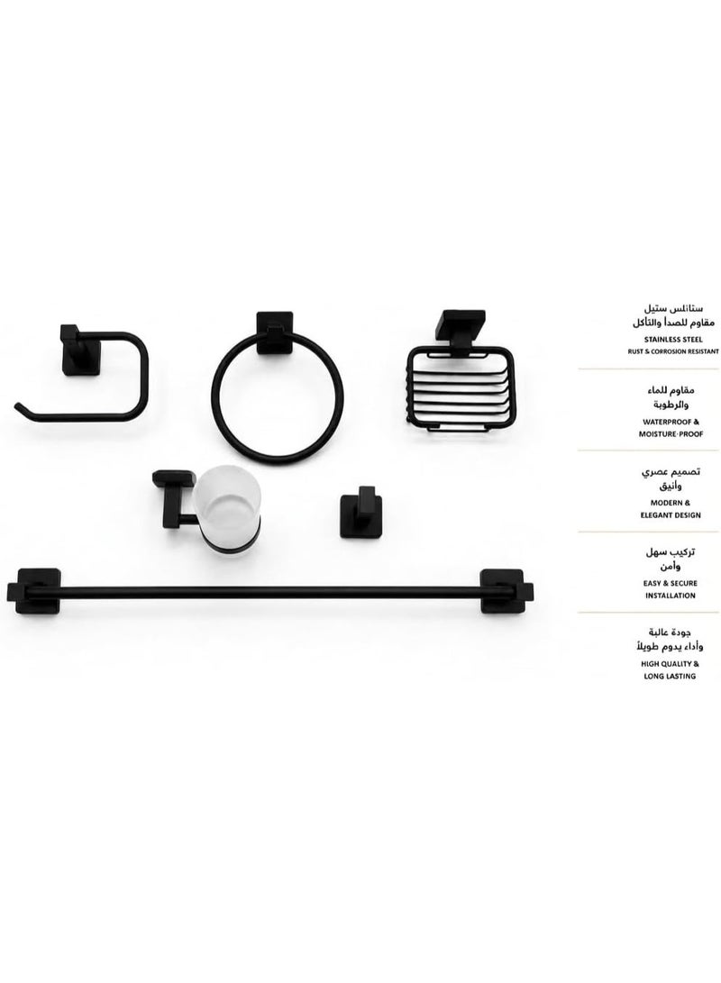 Bathroom Accessories Set, Stainless Steel, Black, Modern and Elegant Design, Rust and Moisture Resistant, 6 Pieces - Image 2