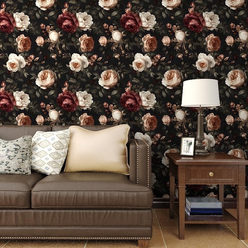 Laatse Dark Floral Wallpaper Peel and Stick, Vintage Black/White/Red Rose Contact Paper 17.5" x 393" , Retro Flowers Wall Paper Self Adhesive Waterproof Removable for Room Shelves Cabinet Drawer Table Decor - Image 2