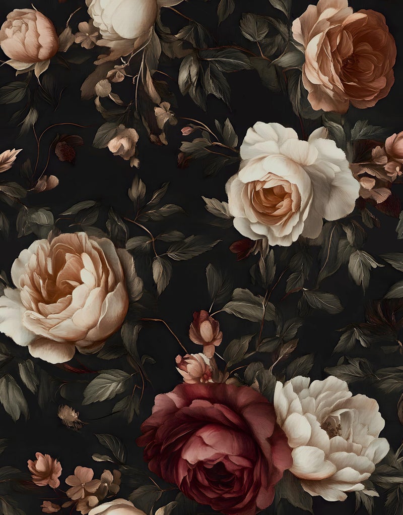 Laatse Dark Floral Wallpaper Peel and Stick, Vintage Black/White/Red Rose Contact Paper 17.5" x 393" , Retro Flowers Wall Paper Self Adhesive Waterproof Removable for Room Shelves Cabinet Drawer Table Decor - Image 1