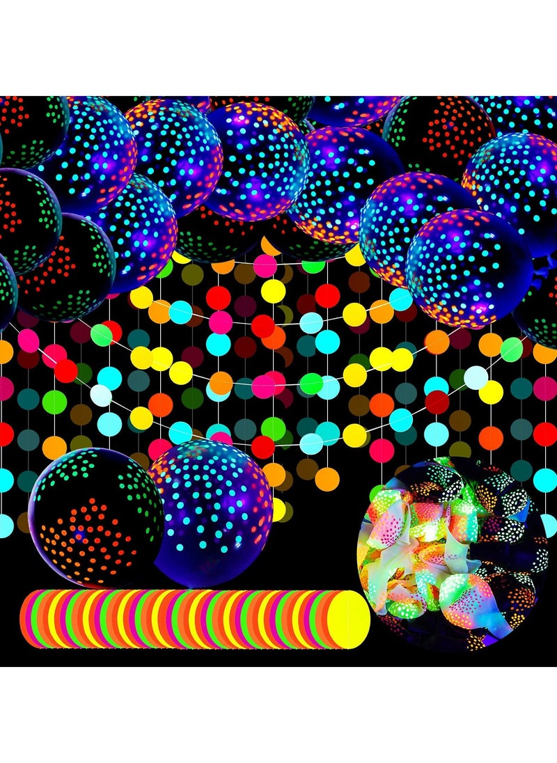 KASTWAVE 40 Pieces Neon Balloons Glow in the Dark, Glow in the Dark Neon Party Supplies, 12 Inch Black Light Polka Dot Latex Balloons and 4 meter Neon Paper Polka Dot Garland (Black, White) - Image 1